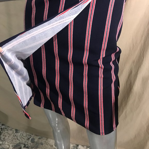 Rebel Sugar Women's Small Striped Blue Red Short Body-con Style Dress Faux Wrap - Picture 6 of 16